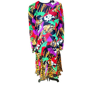 Vtg Diane Freis Georgette Shift Dress Colorful Abstract Art to Wear Animal Print